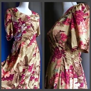 Vintage Floral Side Lace Up Midi Dress